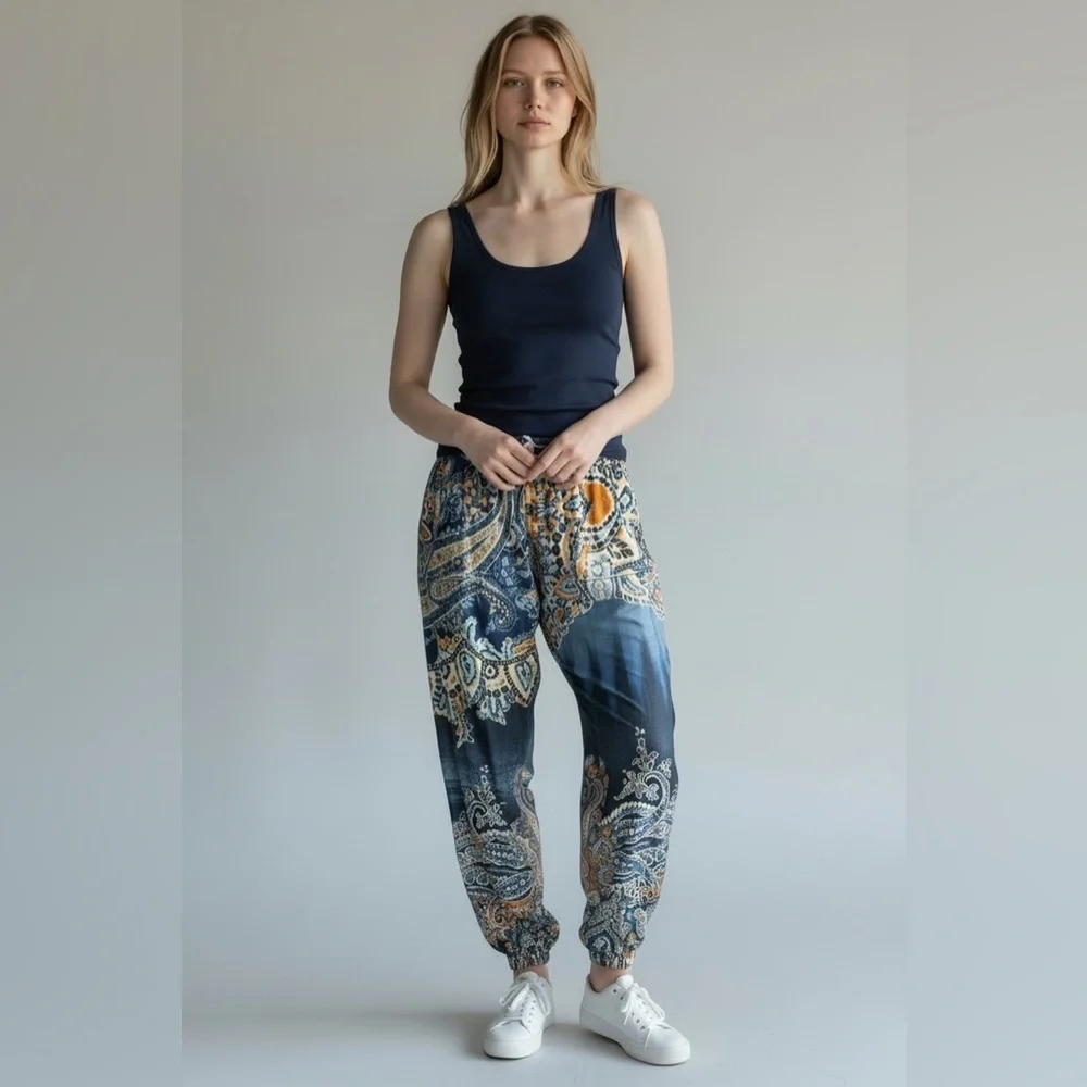 NWT Mezon‎ Blue Paisley Boho Jogger Pants XL Soft Lounge Festival